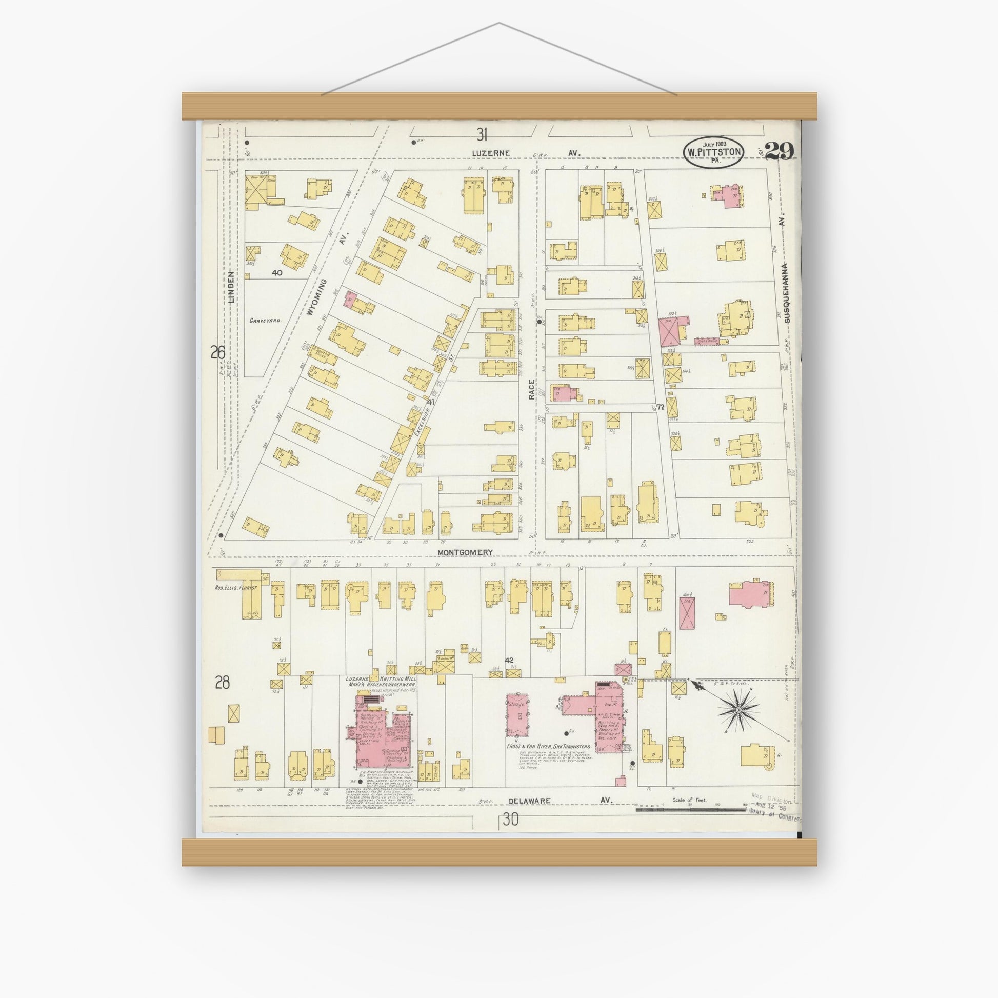 Old map wall art mockup — magnetic wood frame on white wall — Sanborn Fire Insurance Map from Pittston, Luzerne County, Pennsylvania (1903), Sheet #0029