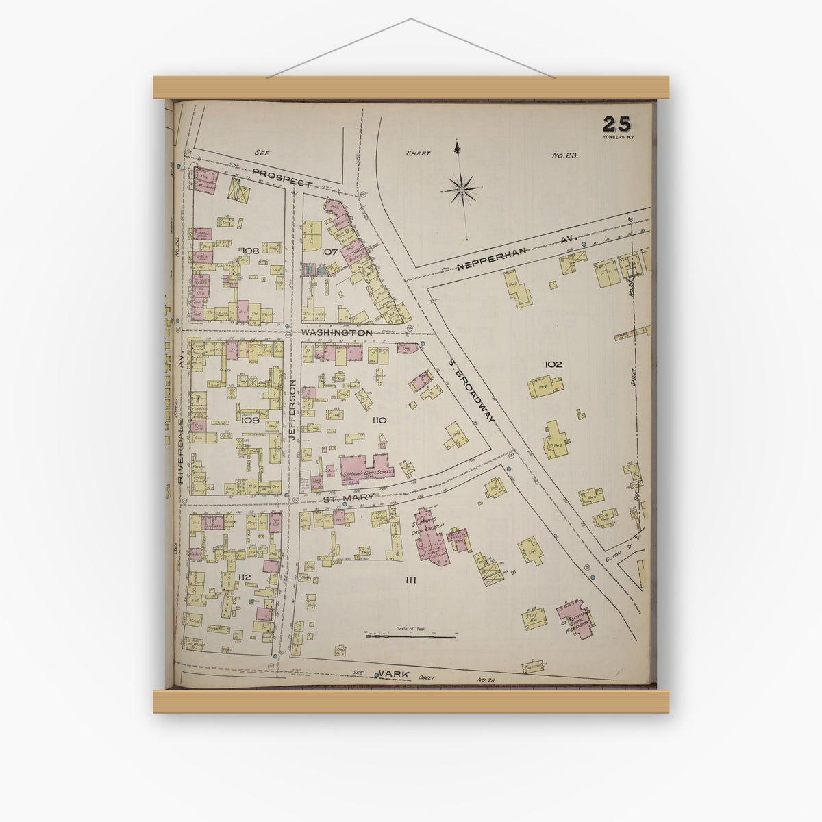 Old map wall art mockup — magnetic wood frame on white wall — Sanborn Fire Insurance Map from Yonkers, Westchester County, New York (1886), Sheet #0025