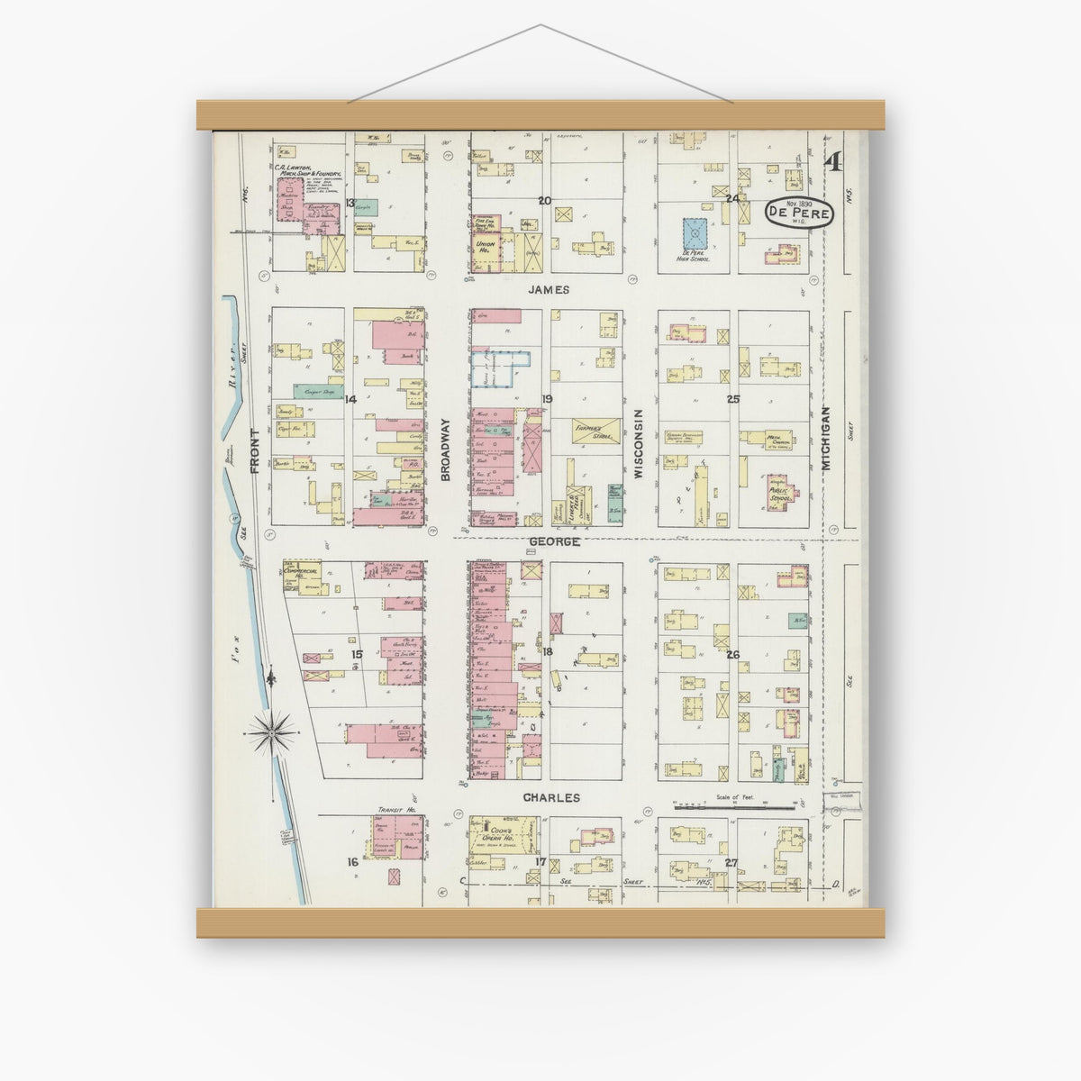 Old map wall art mockup — magnetic wood frame on white wall — Sanborn Fire Insurance Map from De Pere, Brown County, Wisconsin (1890), Sheet #0004
