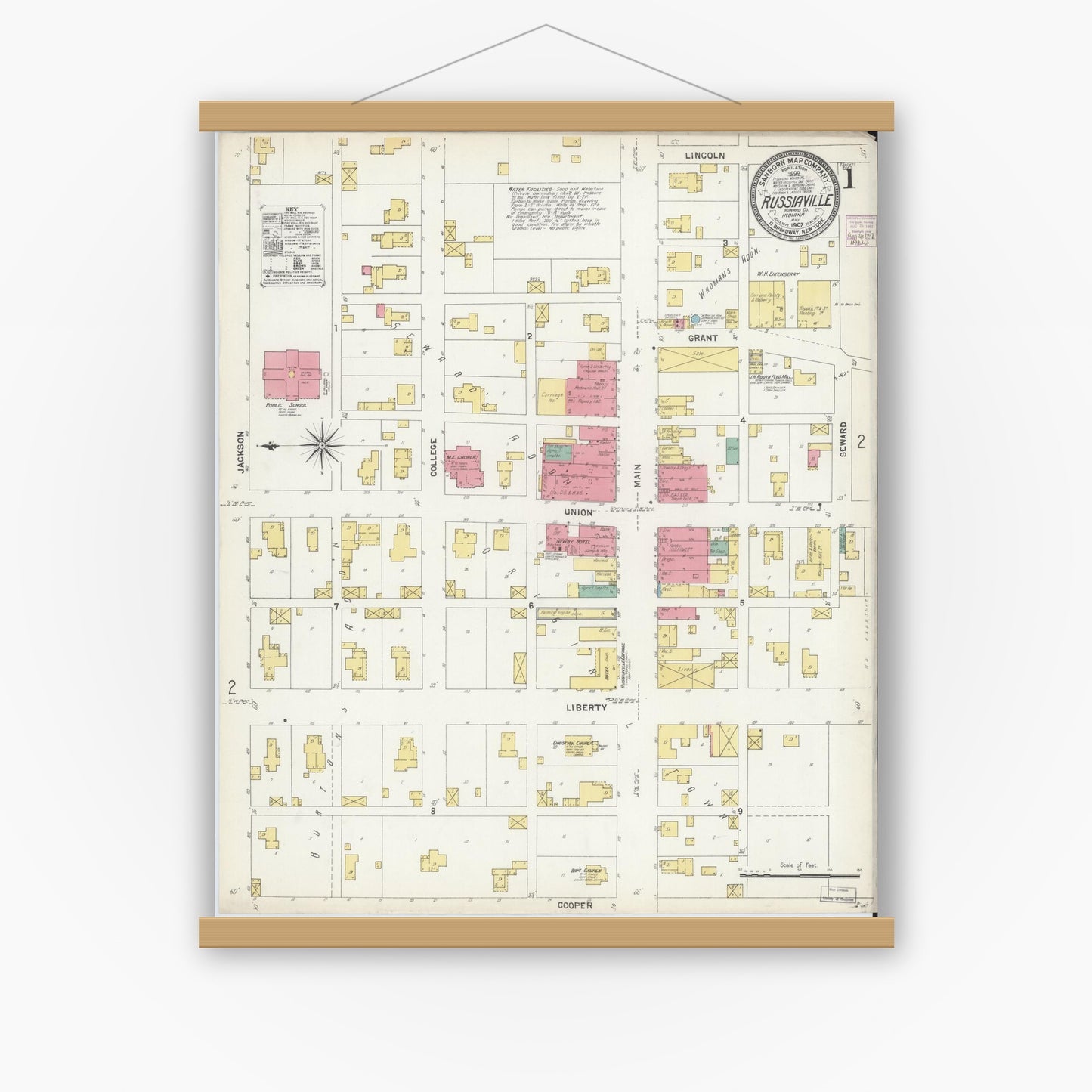 Old map wall art mockup — magnetic wood frame on white wall — Sanborn Fire Insurance Map from Russiaville, Howard County, Indiana (1907) - Complete Map Set