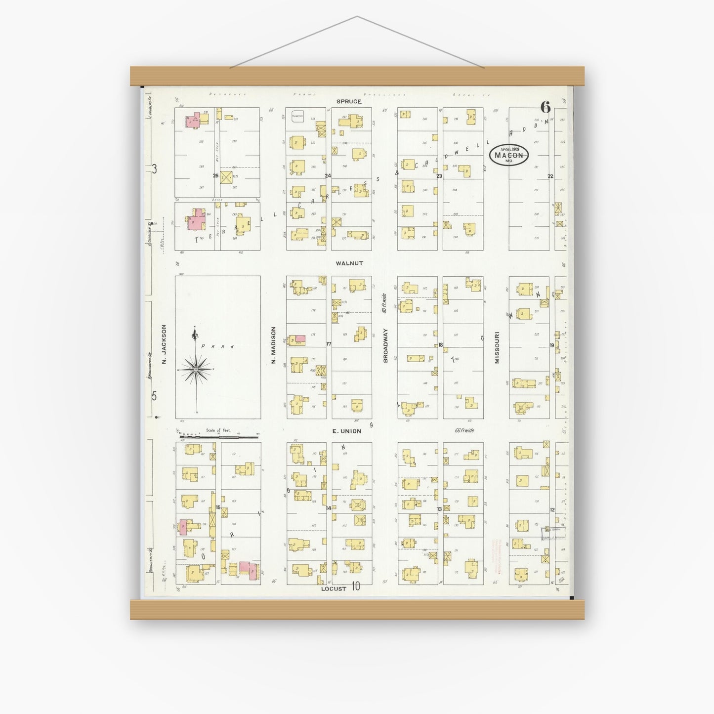 Old map wall art mockup — magnetic wood frame on white wall — Sanborn Fire Insurance Map from Macon, Macon County, Missouri (1909), Sheet #0006