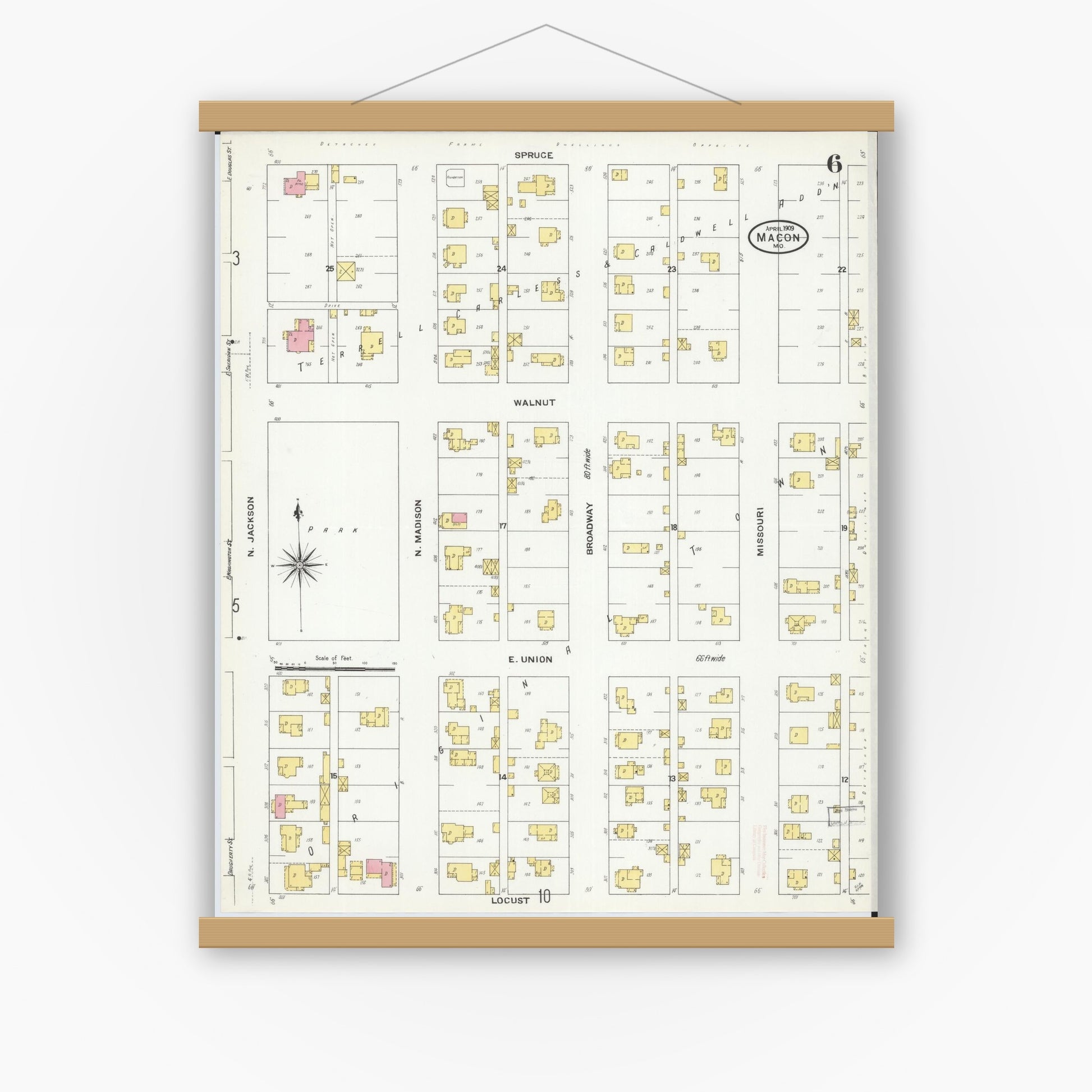 Old map wall art mockup — magnetic wood frame on white wall — Sanborn Fire Insurance Map from Macon, Macon County, Missouri (1909), Sheet #0006