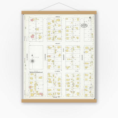 Old map wall art mockup — magnetic wood frame on white wall — Sanborn Fire Insurance Map from Macon, Macon County, Missouri (1909), Sheet #0006