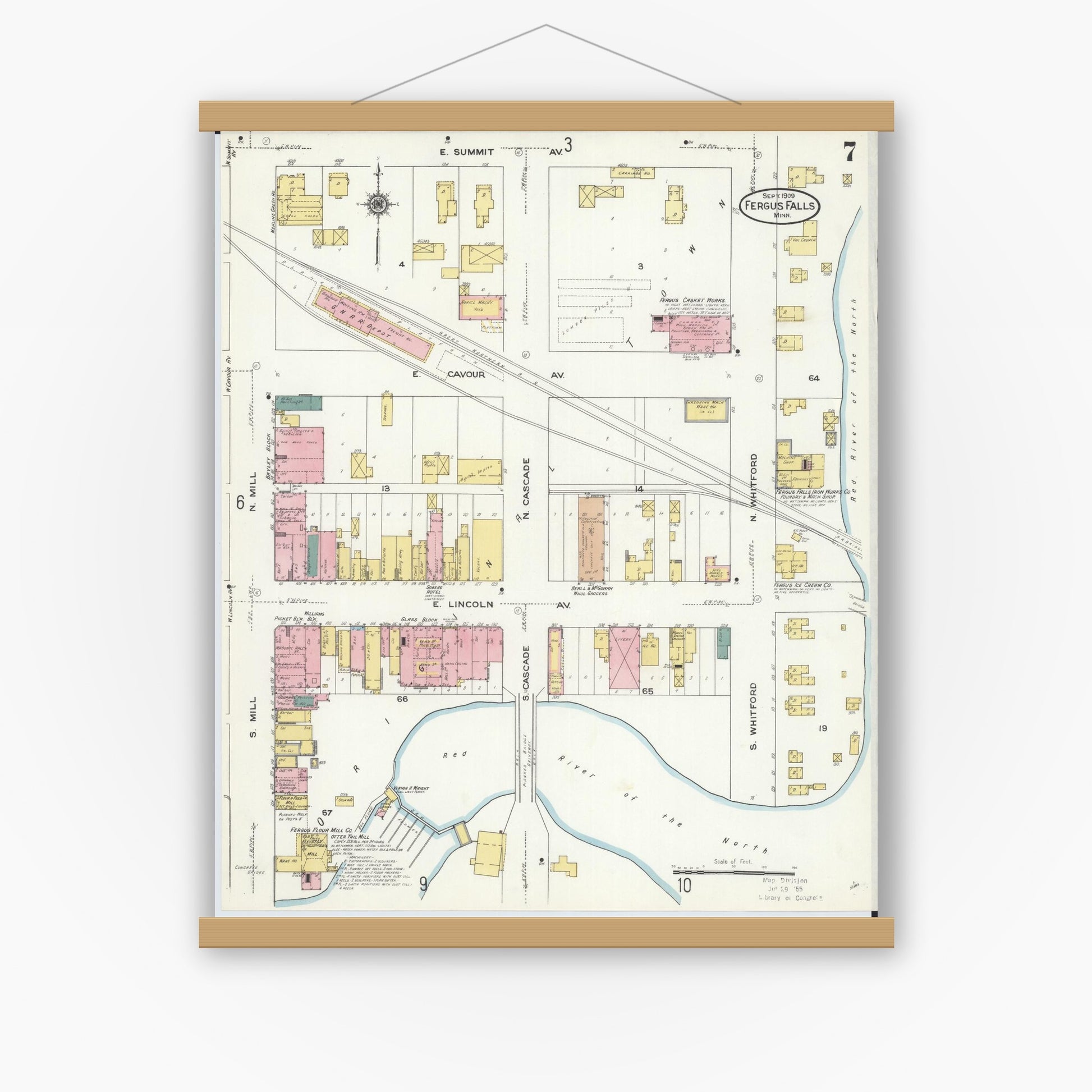 Old map wall art mockup — magnetic wood frame on white wall — Sanborn Fire Insurance Map from Fergus Falls, Otter Tail County, Minnesota (1909), Sheet #0007