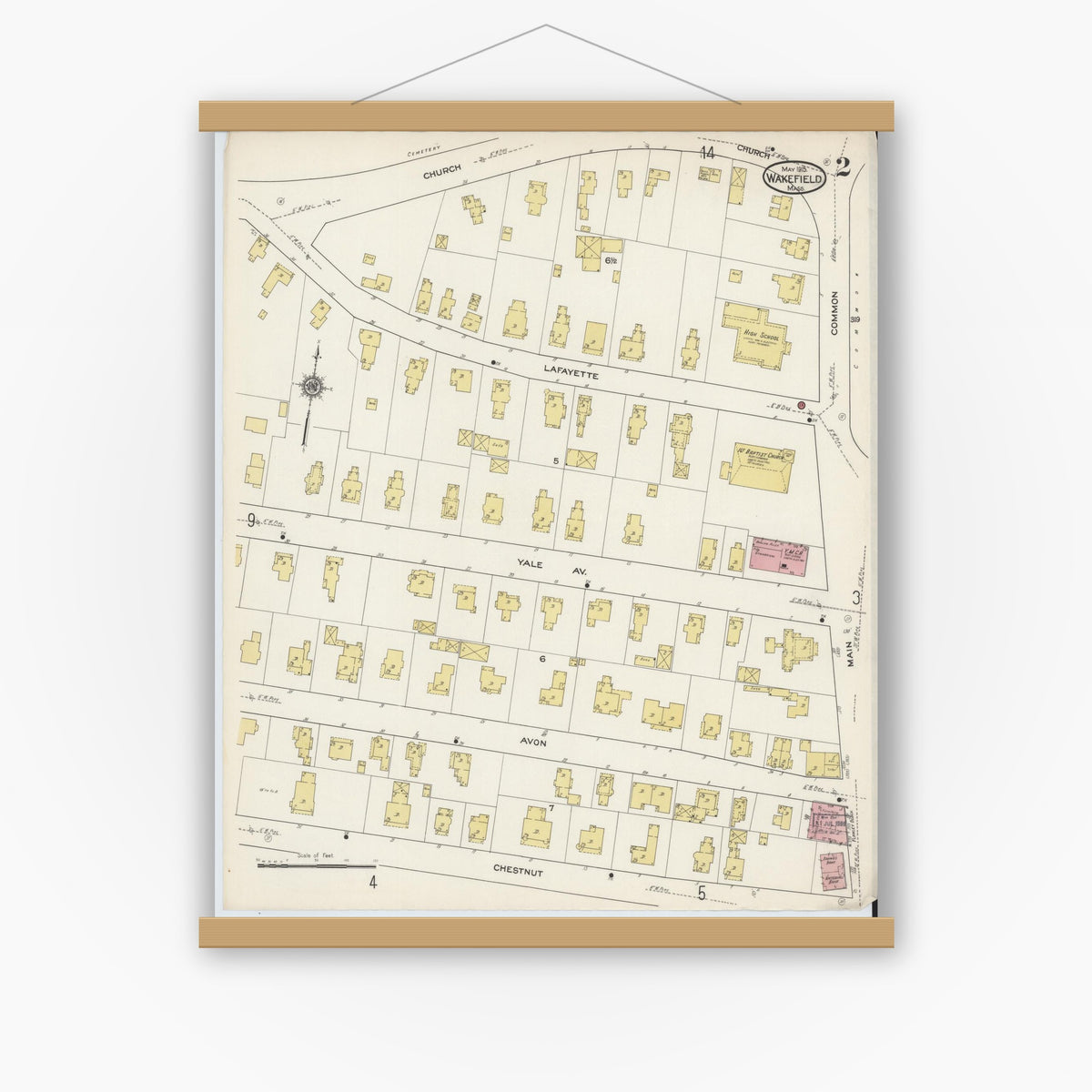 Old map wall art mockup — magnetic wood frame on white wall — Sanborn Fire Insurance Map from Wakefield, Middlesex County, Massachusetts (1915), Sheet #0002