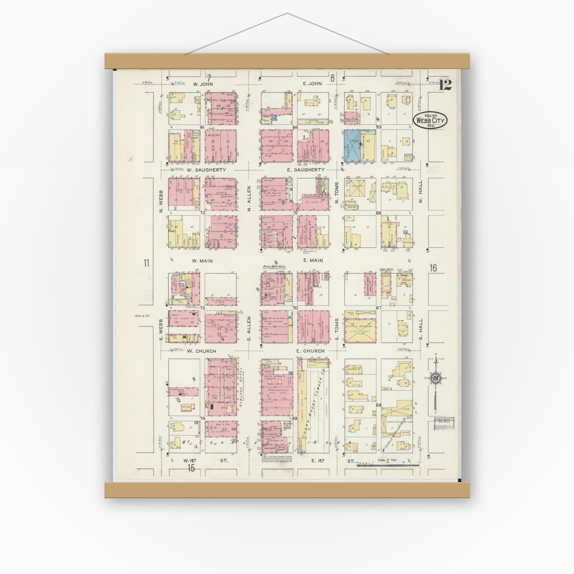 Old map wall art mockup — magnetic wood frame on white wall — Sanborn Fire Insurance Map from Webb City, Jasper County, Missouri (1915), Sheet #0012