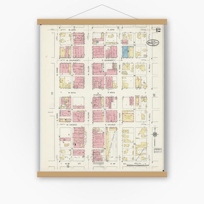 Old map wall art mockup — magnetic wood frame on white wall — Sanborn Fire Insurance Map from Webb City, Jasper County, Missouri (1915), Sheet #0012