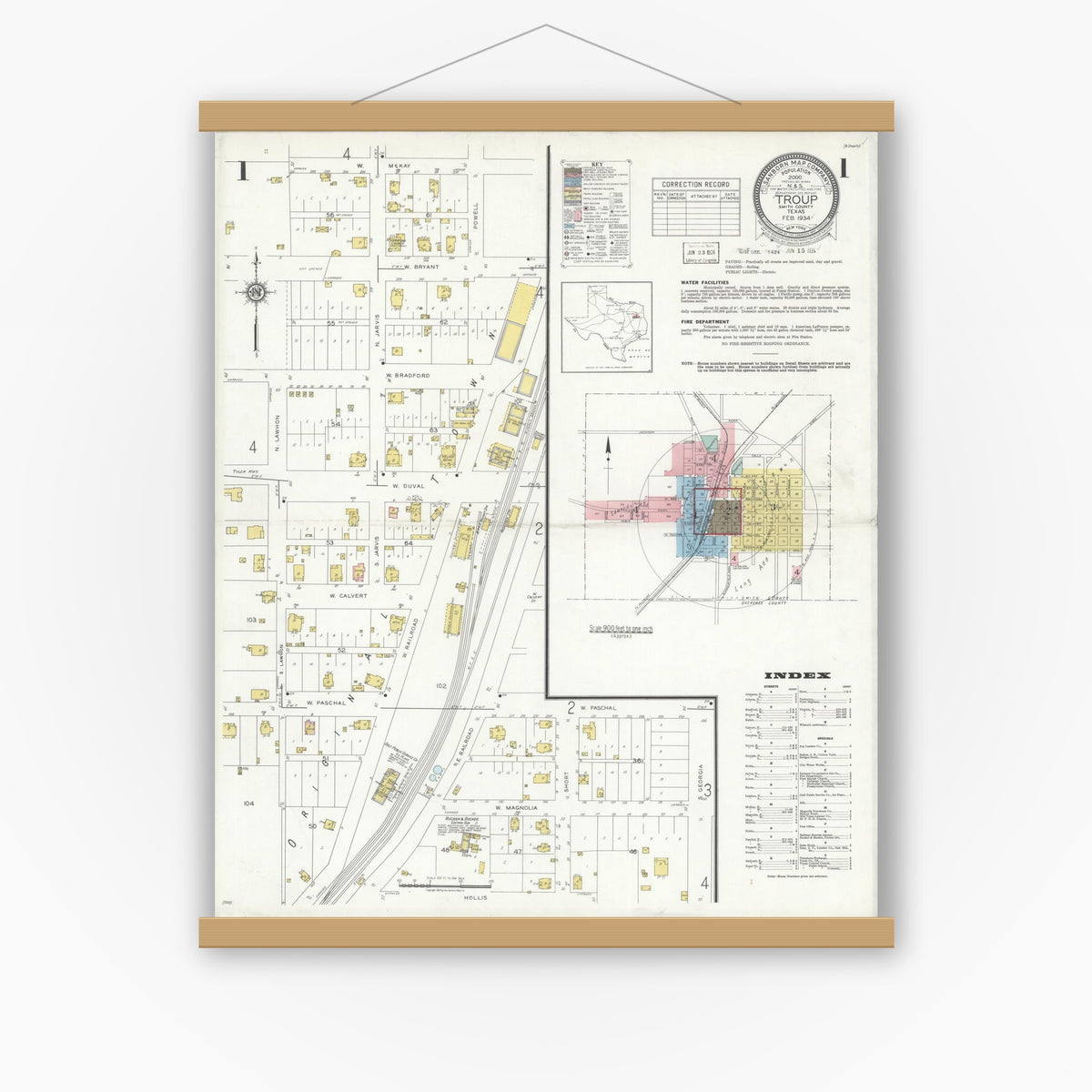 Old map wall art mockup — magnetic wood frame on white wall — Sanborn Fire Insurance Map from Troup, Smith County, Texas (1934), Sheet #0001