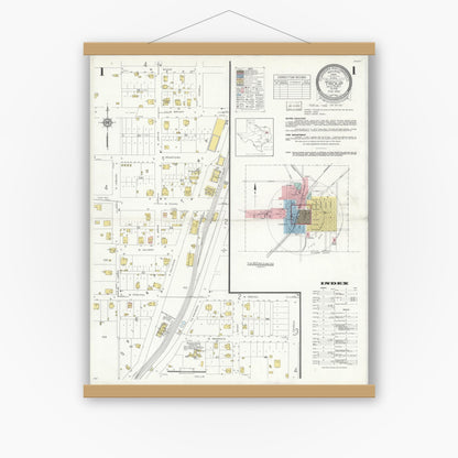 Old map wall art mockup — magnetic wood frame on white wall — Sanborn Fire Insurance Map from Troup, Smith County, Texas (1934), Sheet #0001