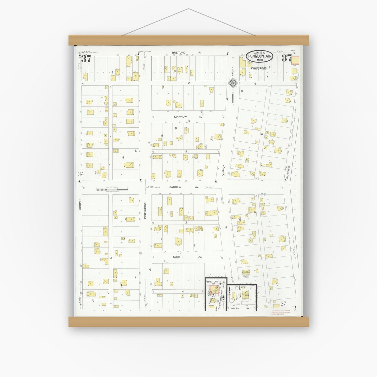 Old map wall art mockup — magnetic wood frame on white wall — Sanborn Fire Insurance Map from Iron Mountain, Dickinson County, Michigan (1930), Sheet #0037