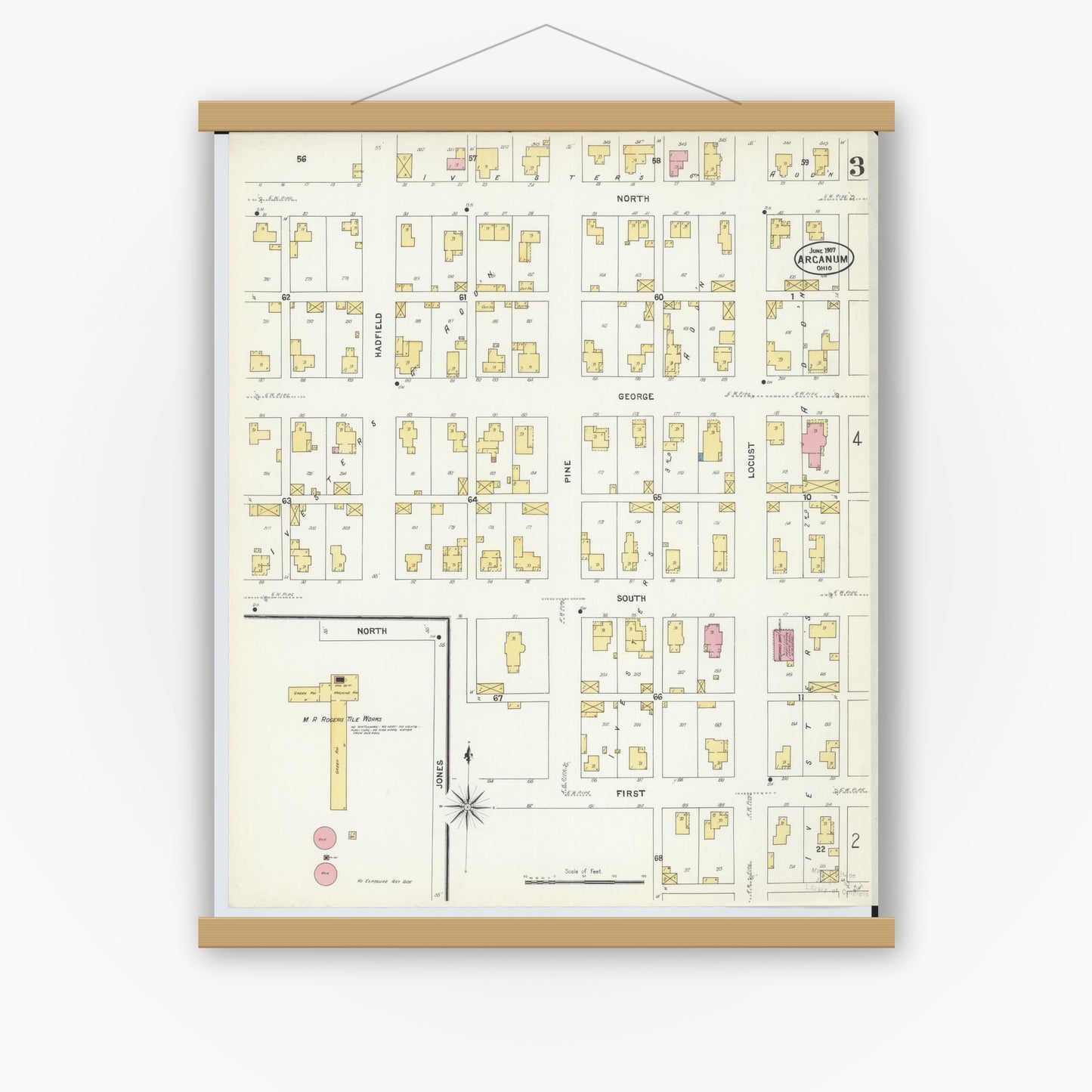 Old map wall art mockup — magnetic wood frame on white wall — Sanborn Fire Insurance Map from Arcanum, Darke County, Ohio (1907), Sheet #0003
