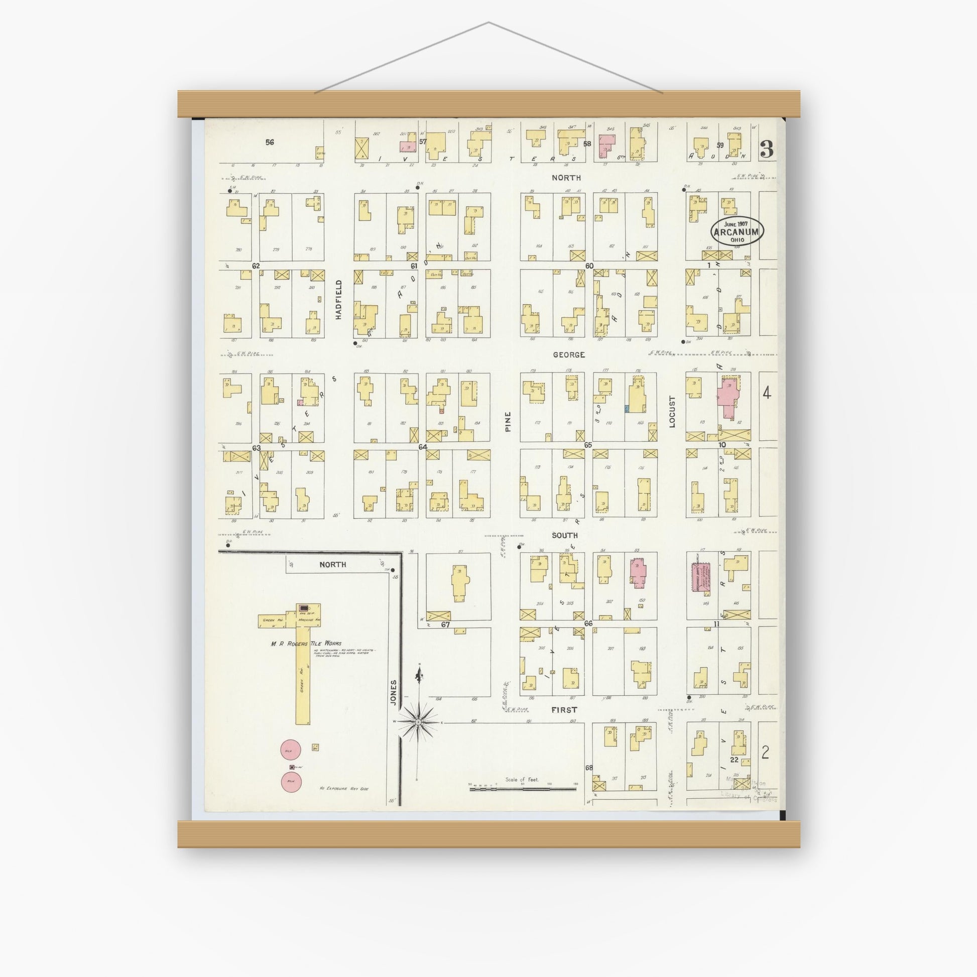 Old map wall art mockup — magnetic wood frame on white wall — Sanborn Fire Insurance Map from Arcanum, Darke County, Ohio (1907), Sheet #0003