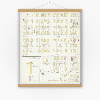 Old map wall art mockup — magnetic wood frame on white wall — Sanborn Fire Insurance Map from Arcanum, Darke County, Ohio (1907), Sheet #0003