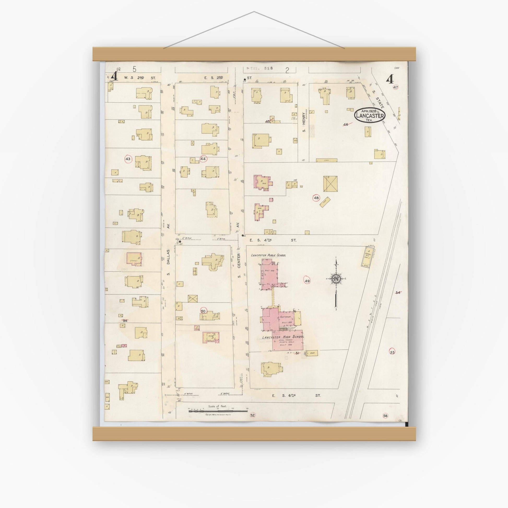 Old map wall art mockup — magnetic wood frame on white wall — Sanborn Fire Insurance Map from Lancaster, Dallas County, Texas (1939), Sheet #0004