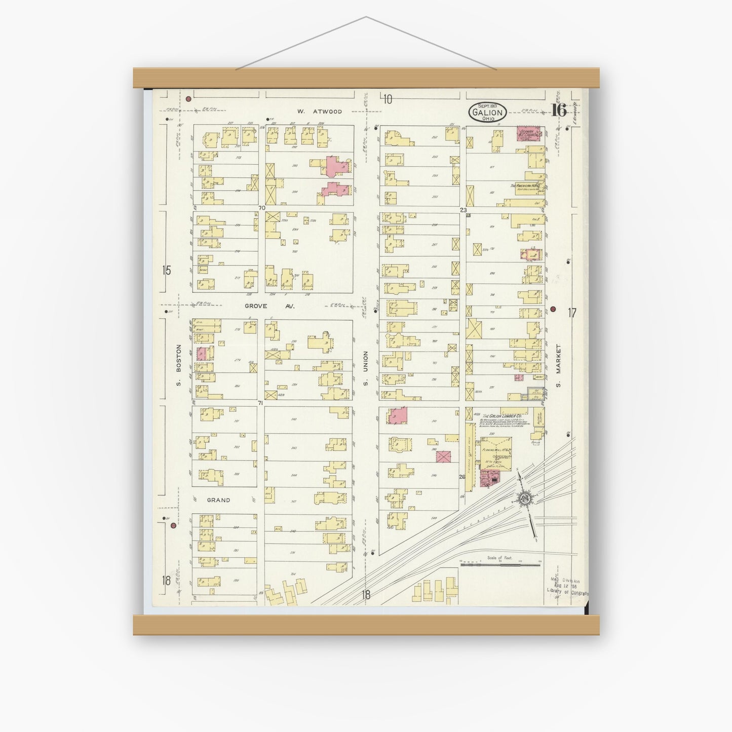 Old map wall art mockup — magnetic wood frame on white wall — Sanborn Fire Insurance Map from Galion, Crawford County, Ohio (1913), Sheet #0016