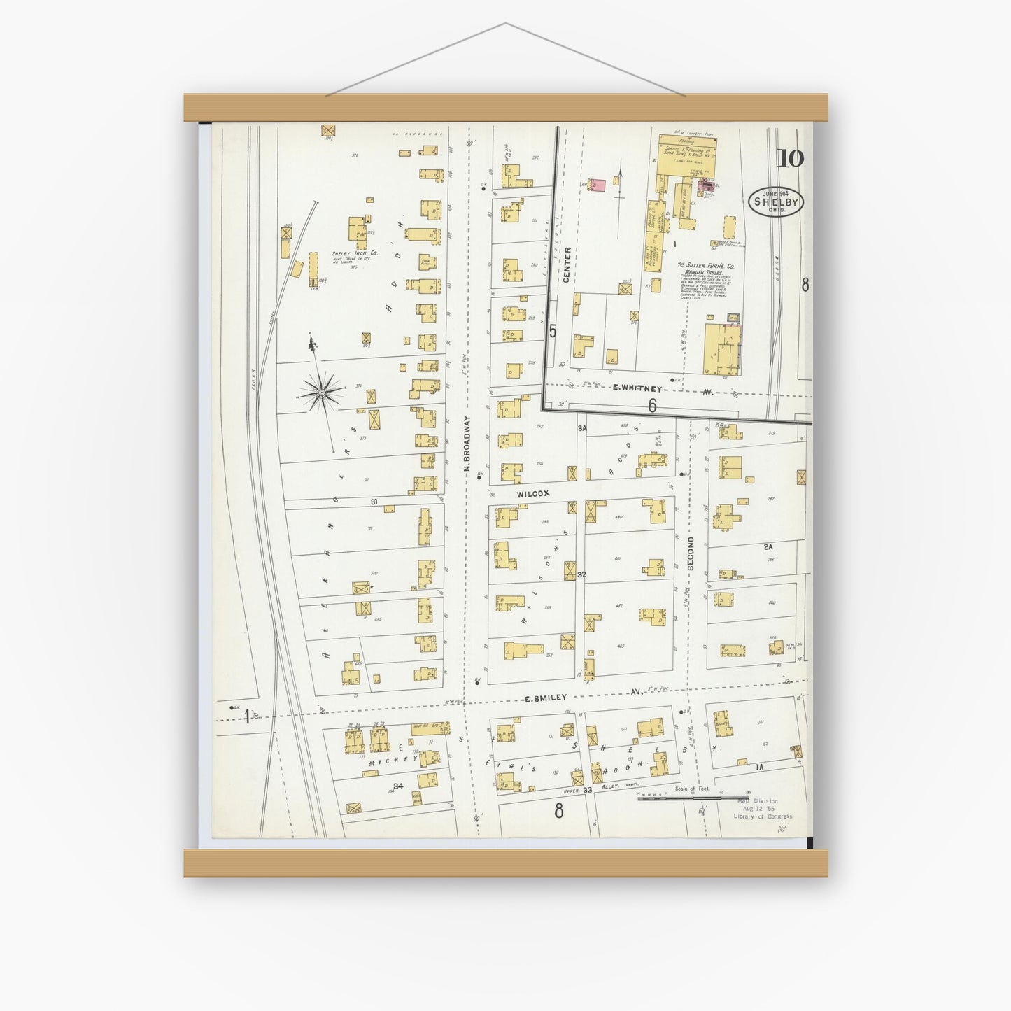 Old map wall art mockup — magnetic wood frame on white wall — Sanborn Fire Insurance Map from Shelby, Richland County, Ohio (1904), Sheet #0010