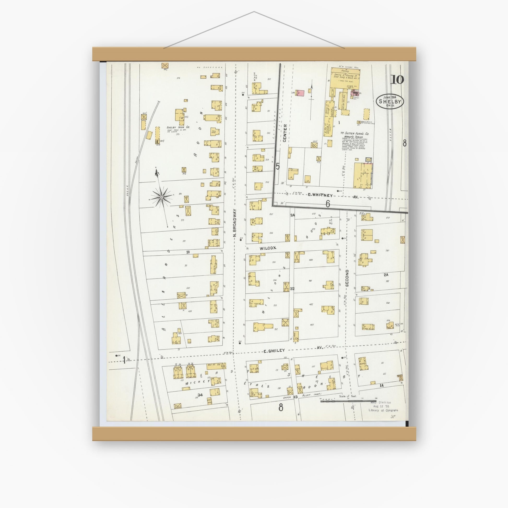 Old map wall art mockup — magnetic wood frame on white wall — Sanborn Fire Insurance Map from Shelby, Richland County, Ohio (1904), Sheet #0010