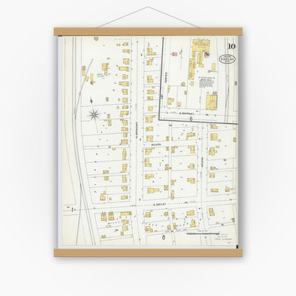 Old map wall art mockup — magnetic wood frame on white wall — Sanborn Fire Insurance Map from Shelby, Richland County, Ohio (1904), Sheet #0010
