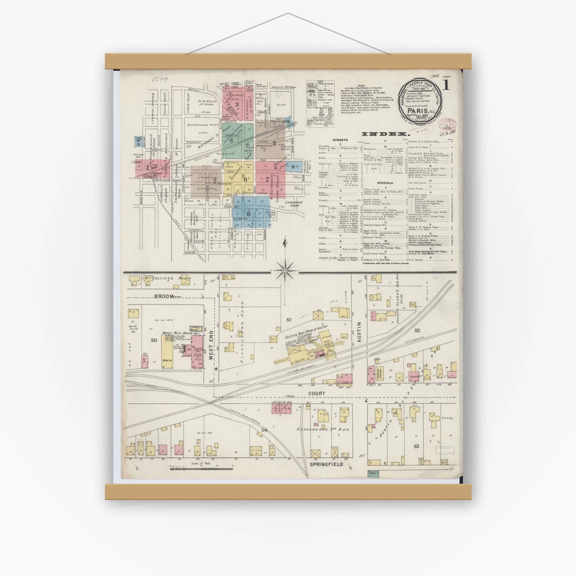 Old map wall art mockup — magnetic wood frame on white wall — Sanborn Fire Insurance Map from Paris, Edgar County, Illinois (1895), Sheet #0001