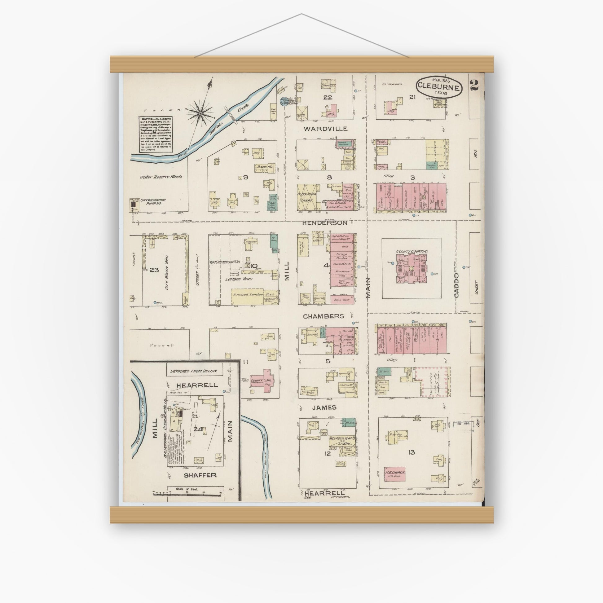 Old map wall art mockup — magnetic wood frame on white wall — Sanborn Fire Insurance Map from Cleburne, Johnson County, Texas (1885), Sheet #0002
