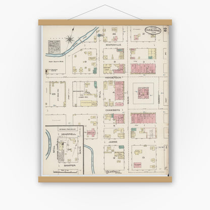 Old map wall art mockup — magnetic wood frame on white wall — Sanborn Fire Insurance Map from Cleburne, Johnson County, Texas (1885), Sheet #0002