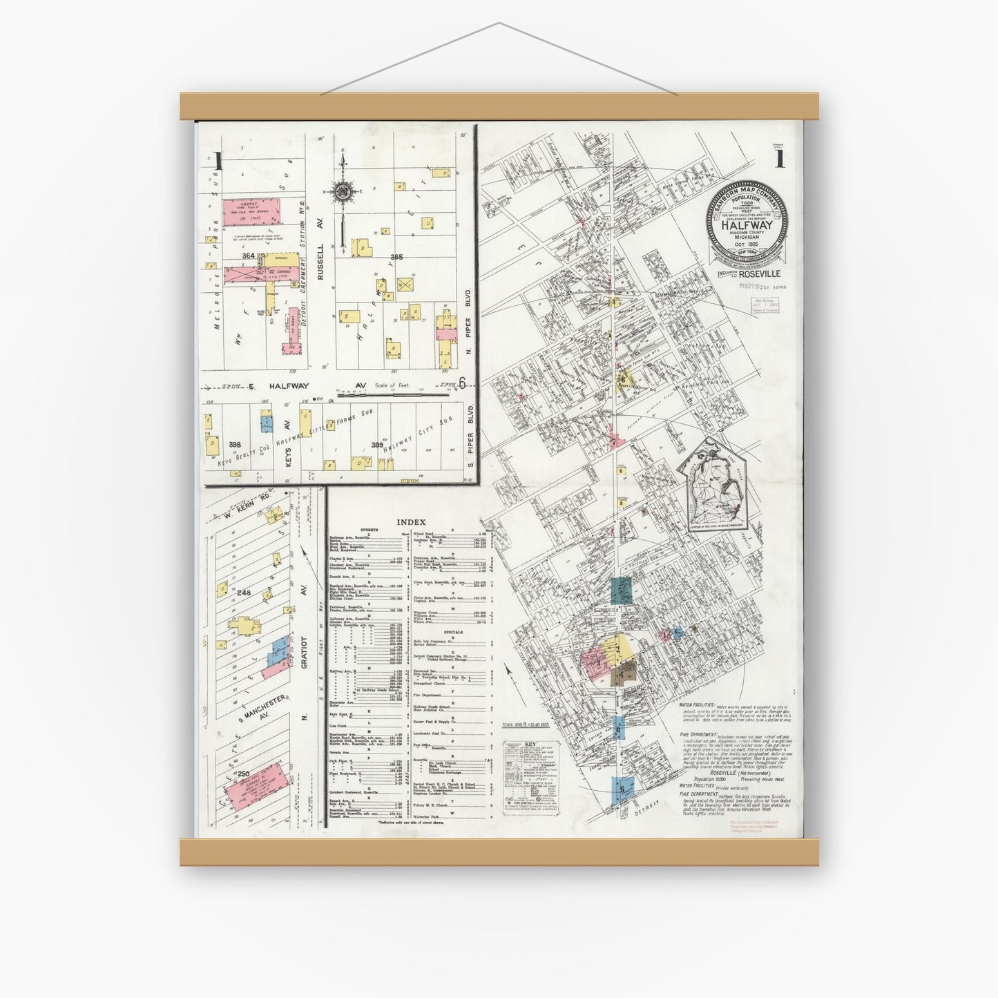 Old map wall art mockup — magnetic wood frame on white wall — Sanborn Fire Insurance Map from Halfway, Macomb County, Michigan (1925), Sheet #0001