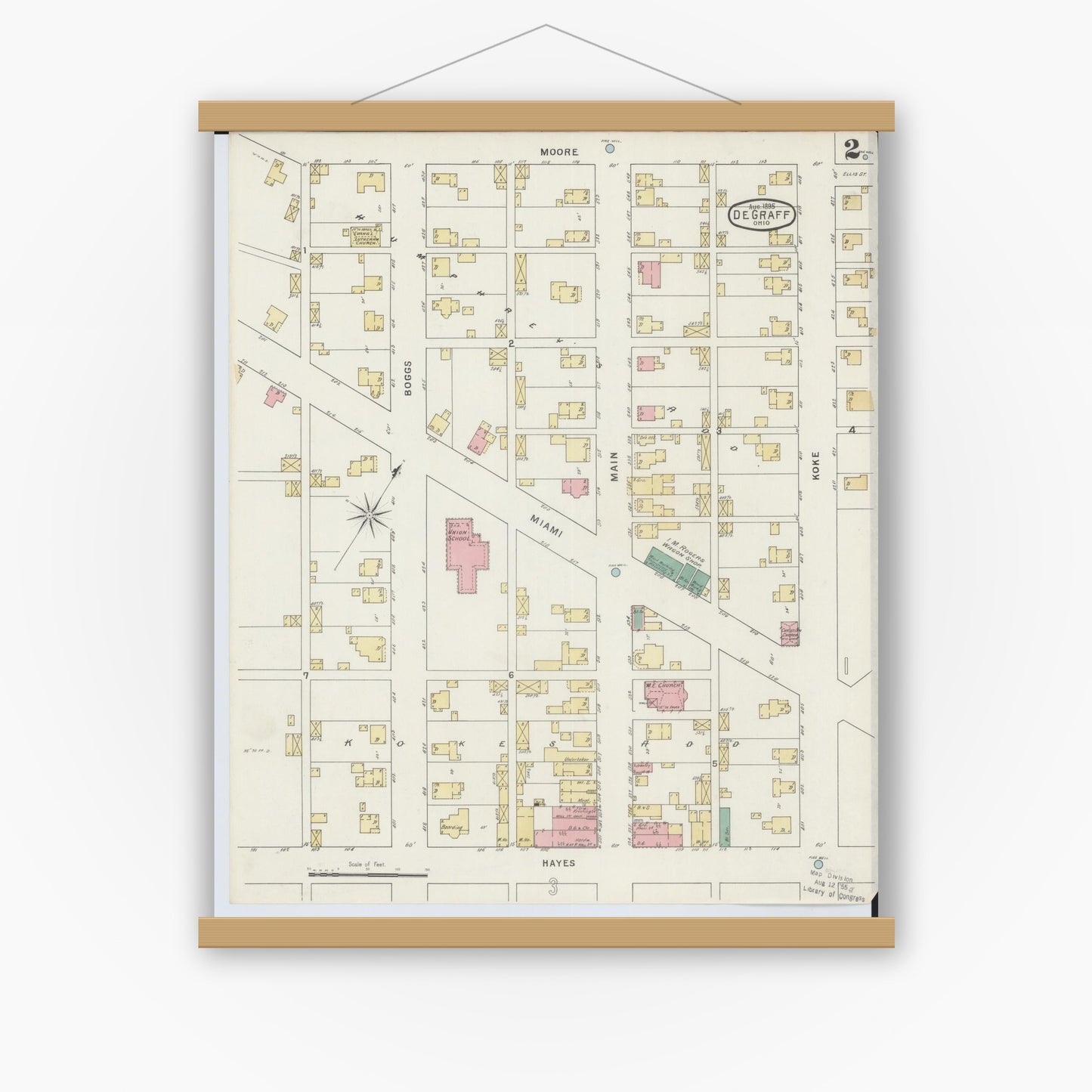 Old map wall art mockup — magnetic wood frame on white wall — Sanborn Fire Insurance Map from Degraff, Logan County, Ohio (1895), Sheet #0002