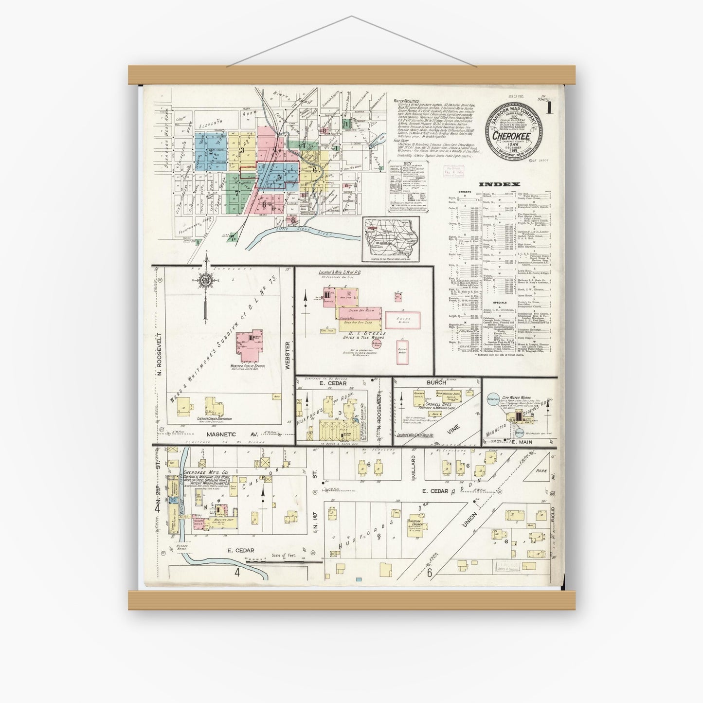 Old map wall art mockup — magnetic wood frame on white wall — Sanborn Fire Insurance Map from Cherokee, Cherokee County, Iowa (1914), Sheet #0001
