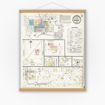 Old map wall art mockup — magnetic wood frame on white wall — Sanborn Fire Insurance Map from Cherokee, Cherokee County, Iowa (1914), Sheet #0001