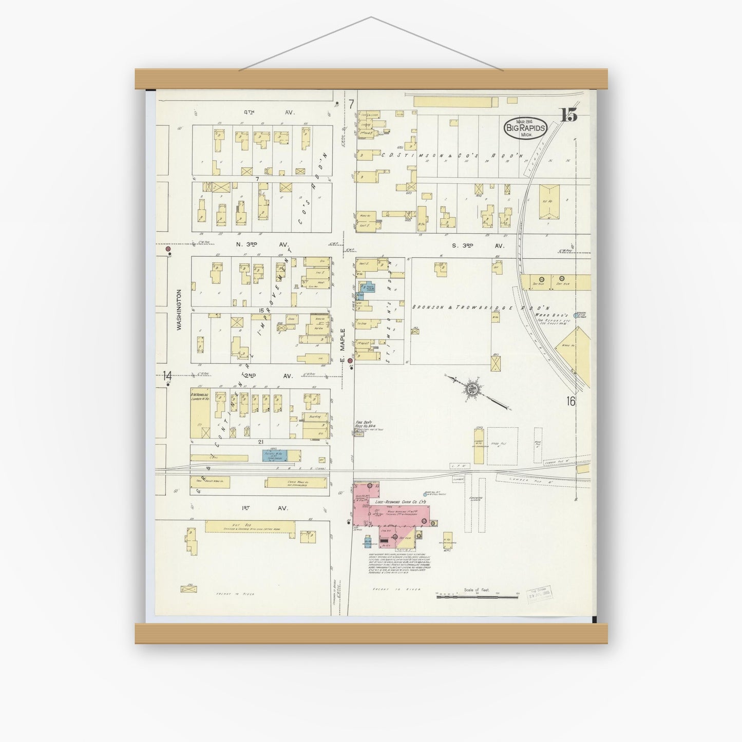 Old map wall art mockup — magnetic wood frame on white wall — Sanborn Fire Insurance Map from Big Rapids, Mecosta County, Michigan (1914), Sheet #0015