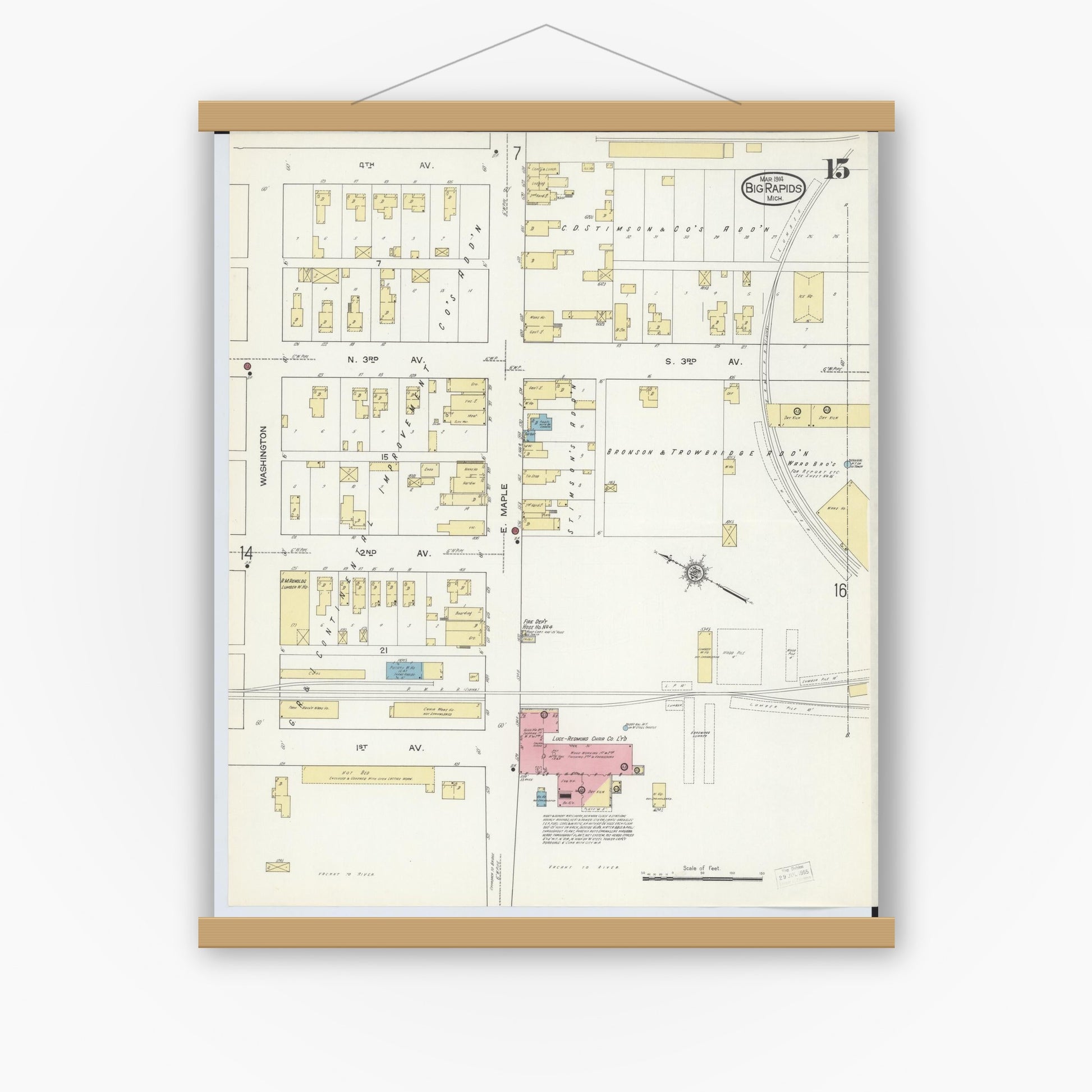 Old map wall art mockup — magnetic wood frame on white wall — Sanborn Fire Insurance Map from Big Rapids, Mecosta County, Michigan (1914), Sheet #0015