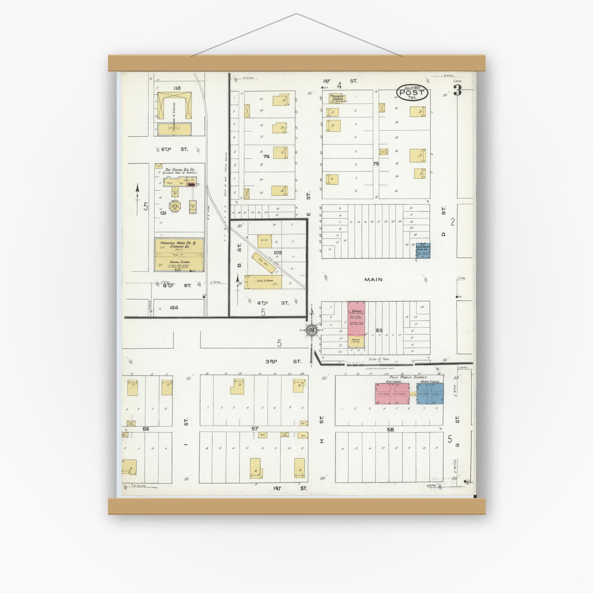 Old map wall art mockup — magnetic wood frame on white wall — Sanborn Fire Insurance Map from Post, Garza County, Texas (1921), Sheet #0003