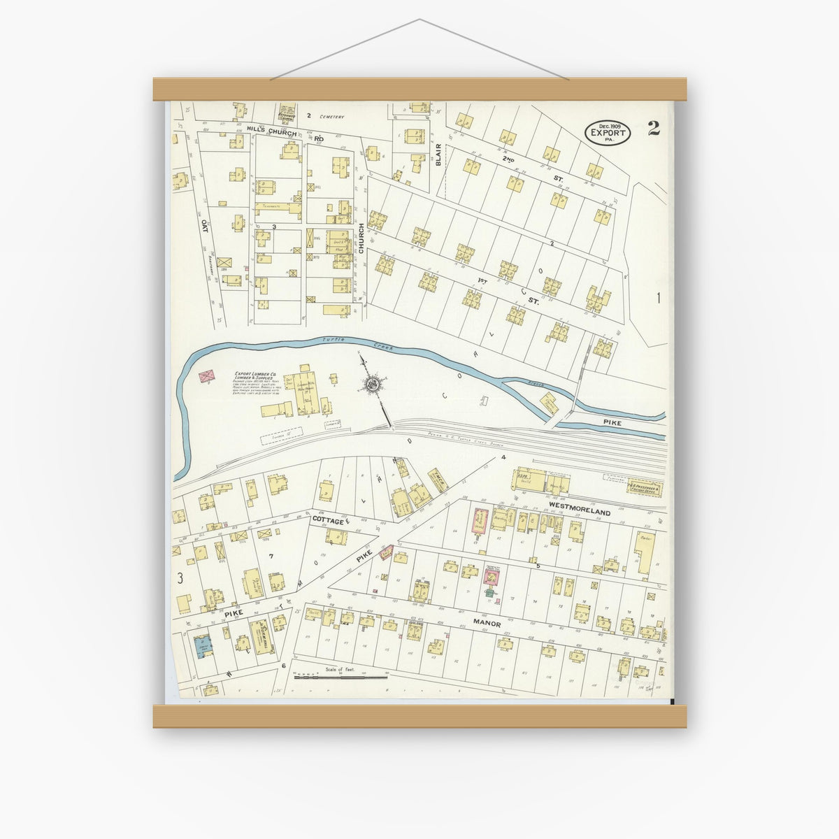 Old map wall art mockup — magnetic wood frame on white wall — Sanborn Fire Insurance Map from Export, Westmoreland County, Pennsylvania (1909), Sheet #0002