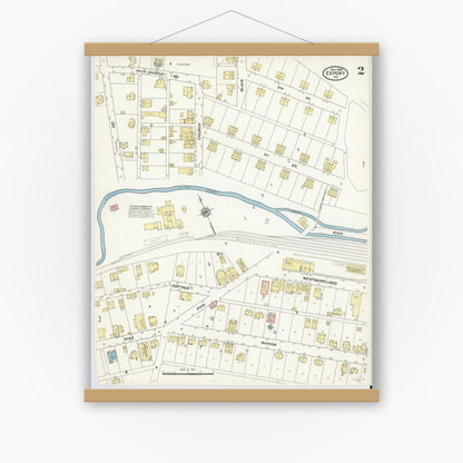 Old map wall art mockup — magnetic wood frame on white wall — Sanborn Fire Insurance Map from Export, Westmoreland County, Pennsylvania (1909), Sheet #0002