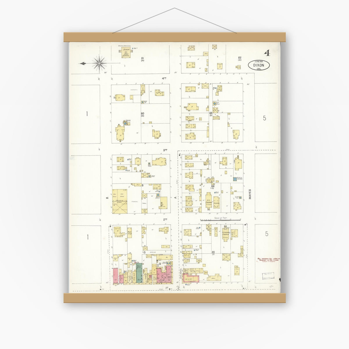 Old map wall art mockup — magnetic wood frame on white wall — Sanborn Fire Insurance Map from Dixon, Solano County, California (1900), Sheet #0004