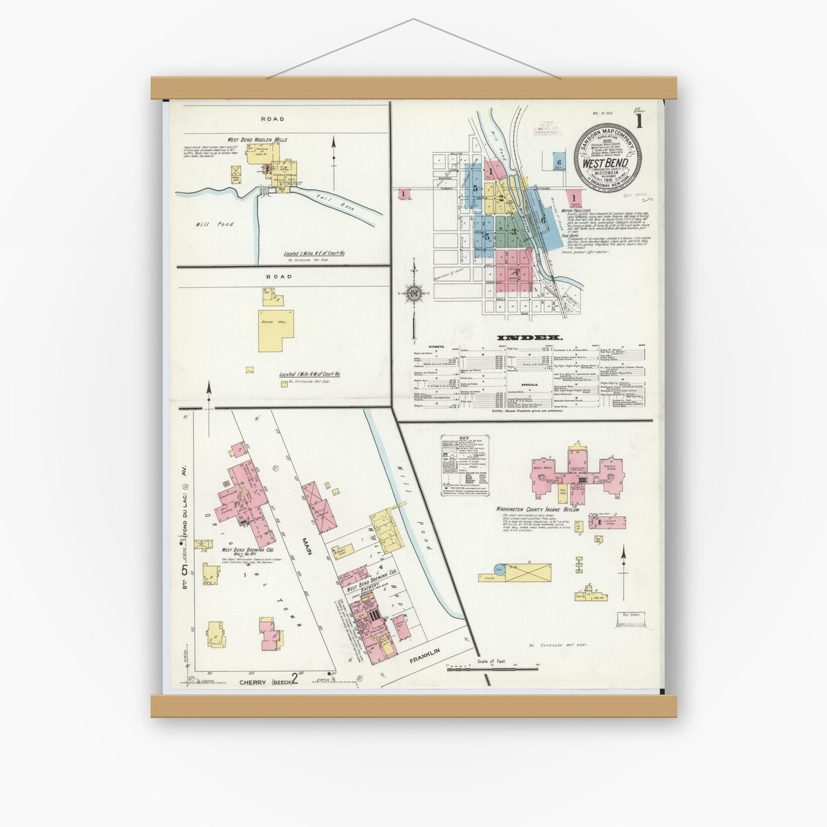 Old map wall art mockup — magnetic wood frame on white wall — Sanborn Fire Insurance Map from West Bend, Washington County, Wisconsin (1910) - Complete Map Set