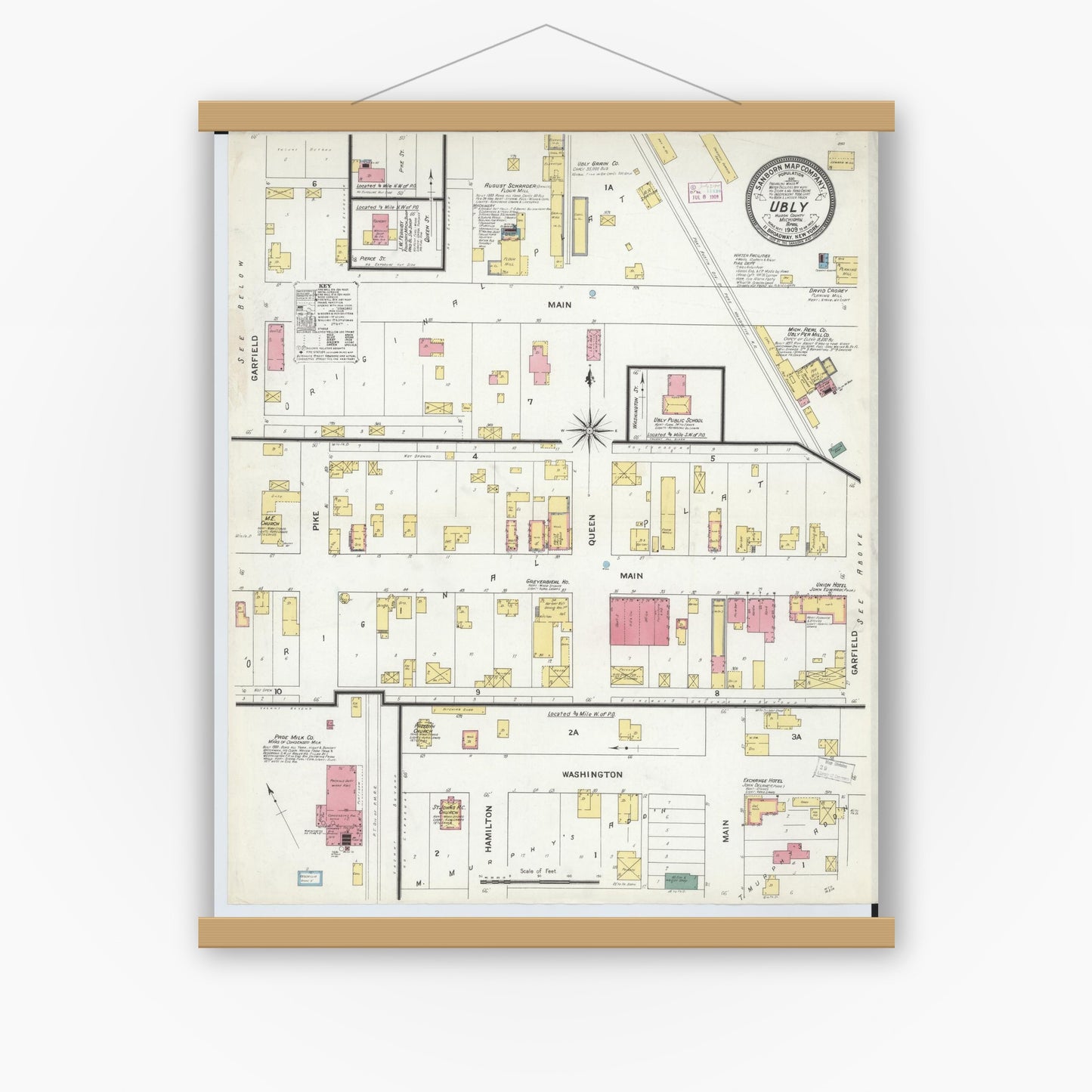Old map wall art mockup — magnetic wood frame on white wall — Sanborn Fire Insurance Map from Ubly, Huron County, Michigan (1909), Sheet #0001