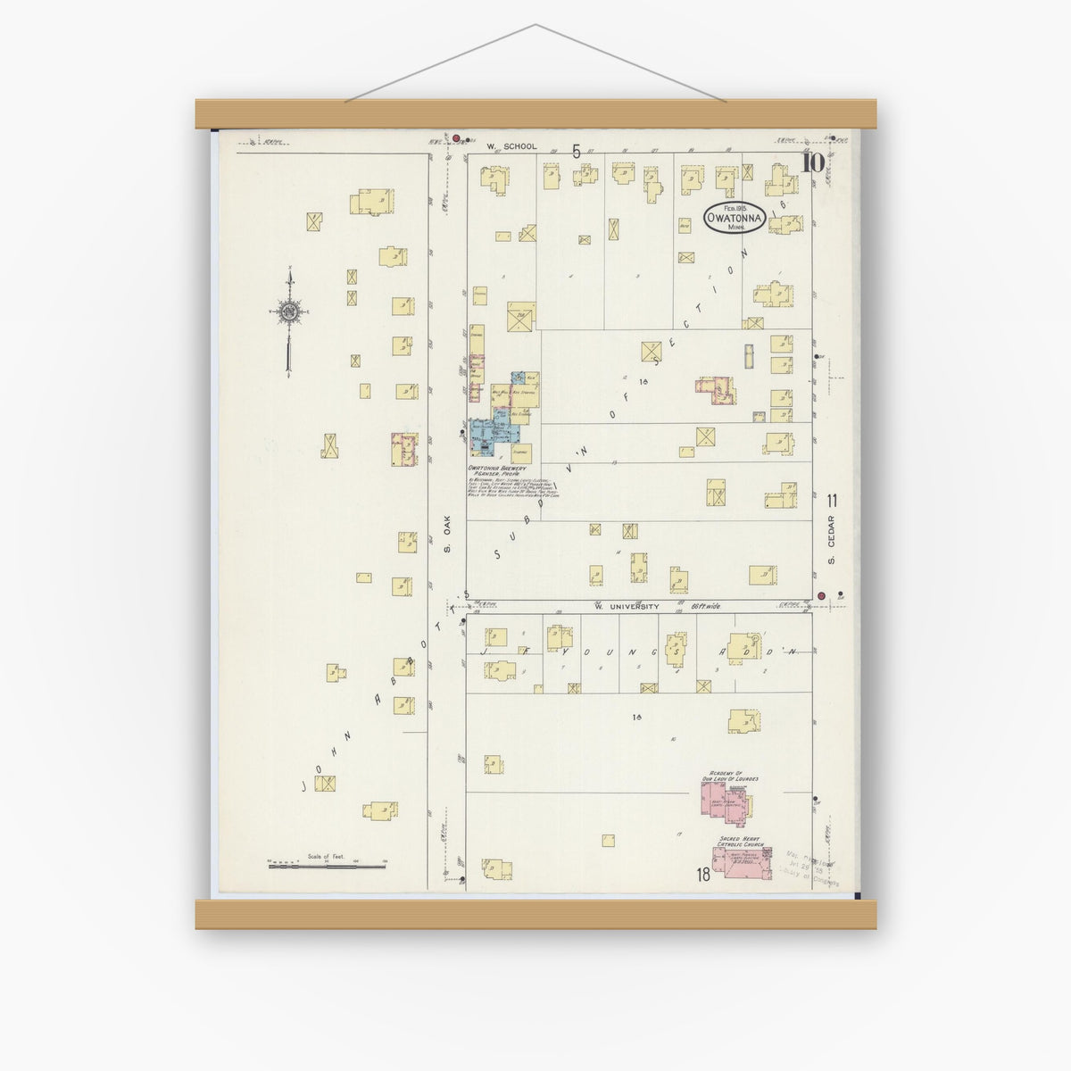 Old map wall art mockup — magnetic wood frame on white wall — Sanborn Fire Insurance Map from Owatonna, Steele County, Minnesota (1915), Sheet #0010