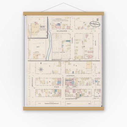 Old map wall art mockup — magnetic wood frame on white wall — Sanborn Fire Insurance Map from Port Washington, Ozaukee County, Wisconsin (1885), Sheet #0002