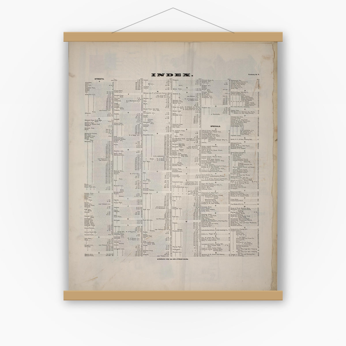 Old map wall art mockup — magnetic wood frame on white wall — Sanborn Fire Insurance Map from Yonkers, Westchester County, New York (1898), Sheet #0001