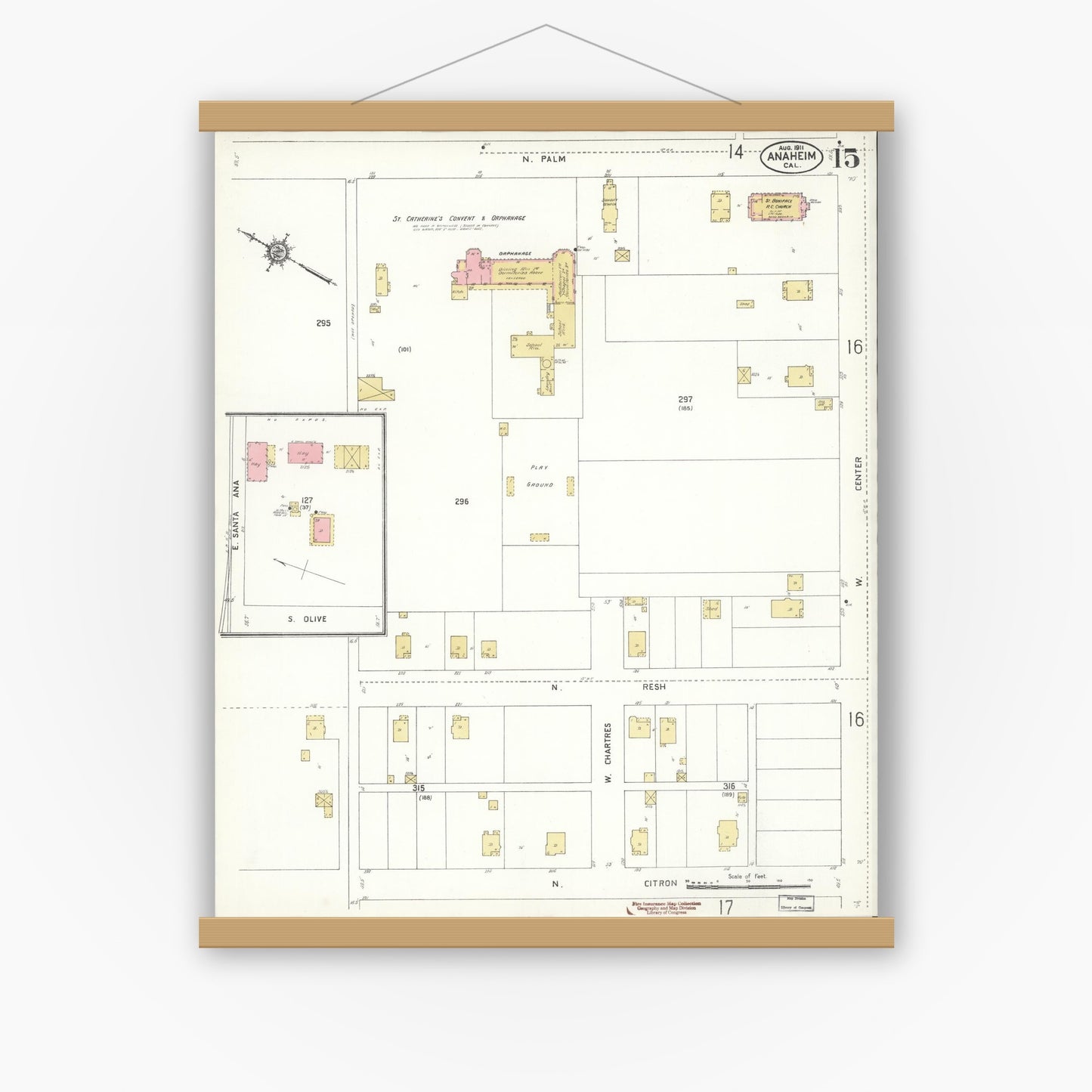 Old map wall art mockup — magnetic wood frame on white wall — Sanborn Fire Insurance Map from Anaheim, Orange County, California (1911), Sheet #0015