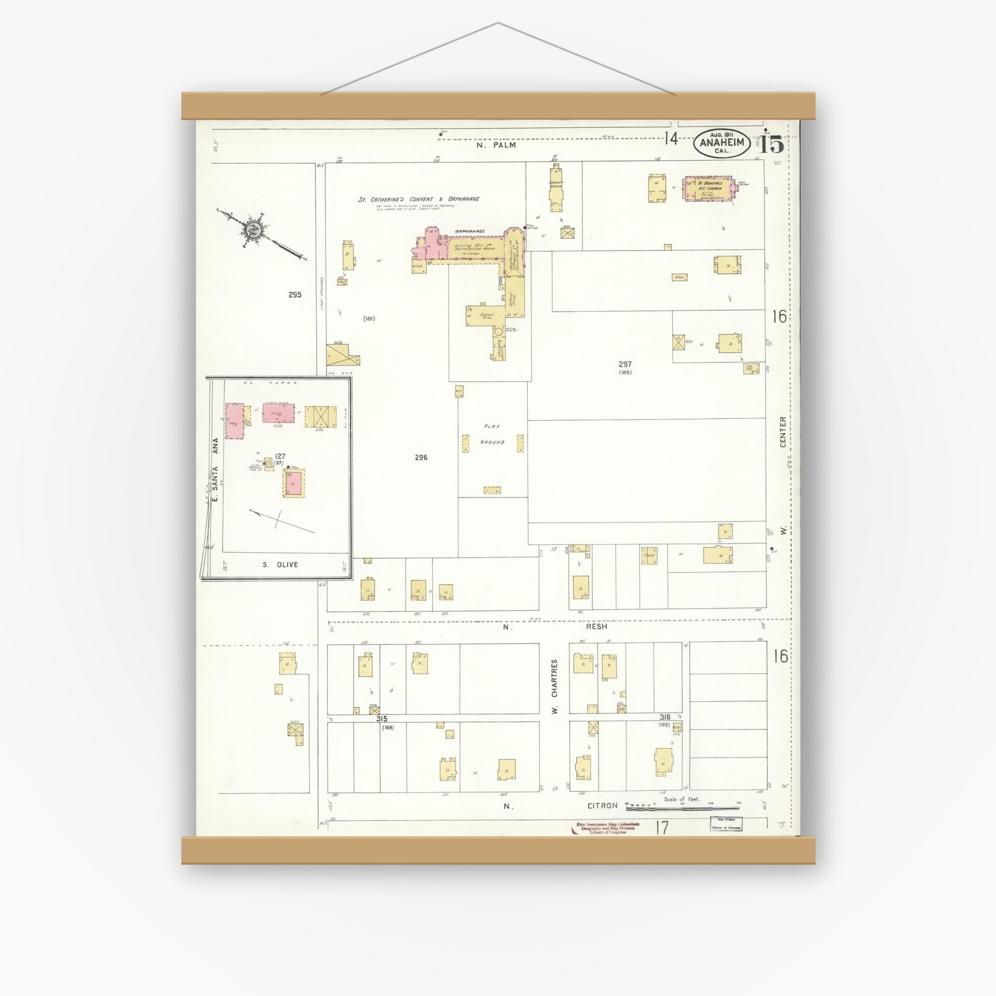 Old map wall art mockup — magnetic wood frame on white wall — Sanborn Fire Insurance Map from Anaheim, Orange County, California (1911), Sheet #0015