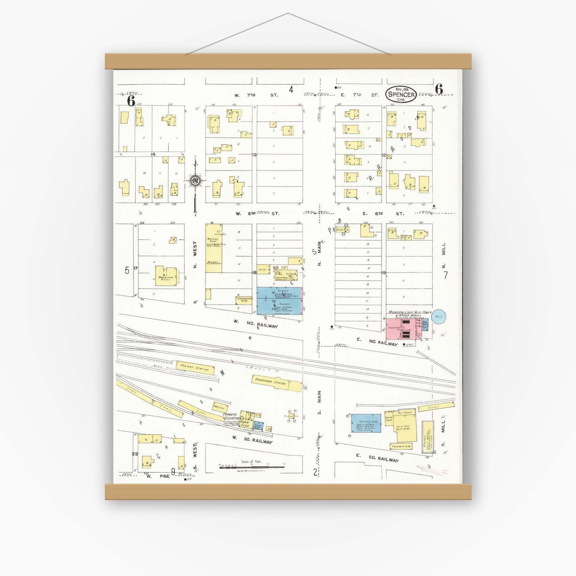 Old map wall art mockup — magnetic wood frame on white wall — Sanborn Fire Insurance Map from Spencer, Clay County, Iowa (1924), Sheet #0006