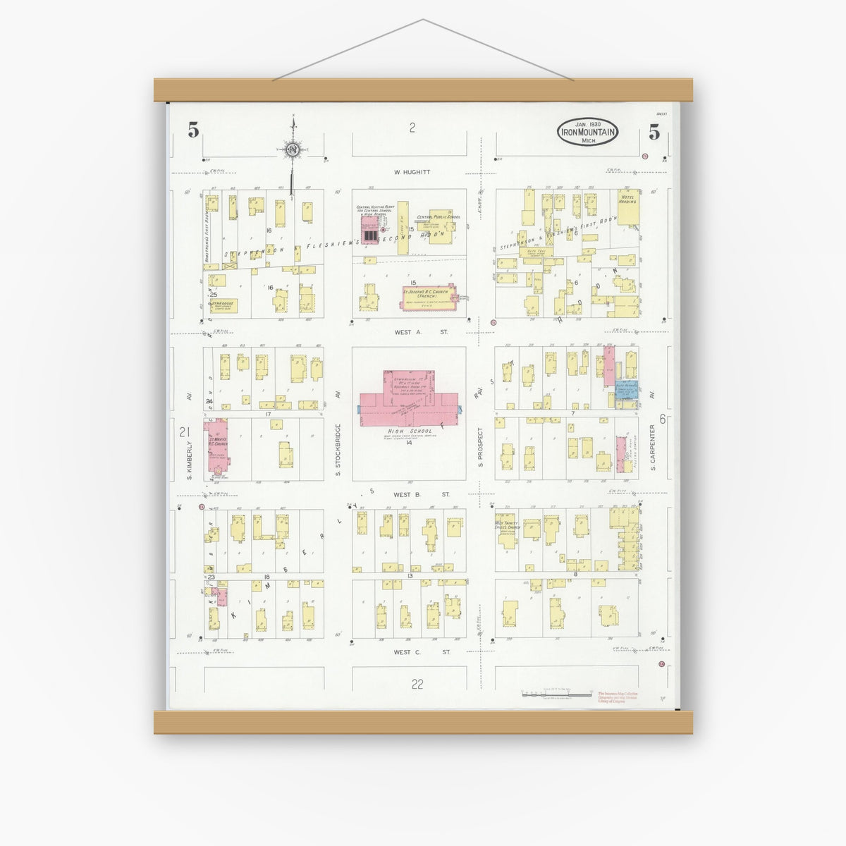 Old map wall art mockup — magnetic wood frame on white wall — Sanborn Fire Insurance Map from Iron Mountain, Dickinson County, Michigan (1930), Sheet #0005