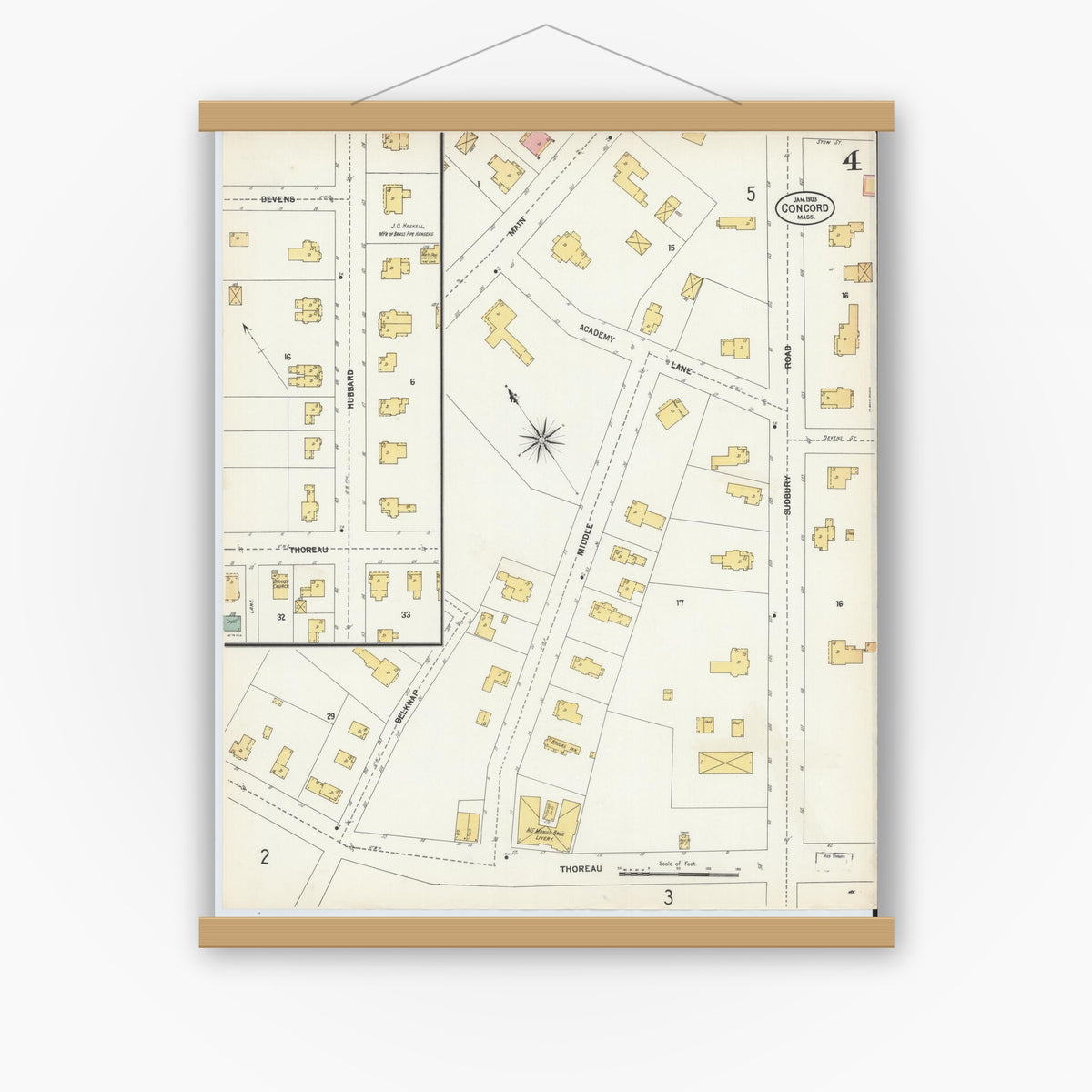 Old map wall art mockup — magnetic wood frame on white wall — Sanborn Fire Insurance Map from Concord, Middlesex County, Massachusetts (1903), Sheet #0004