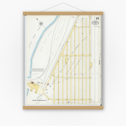 Old map wall art mockup — magnetic wood frame on white wall — Sanborn Fire Insurance Map from Cadillac, Wexford County, Michigan (1900), Sheet #0014