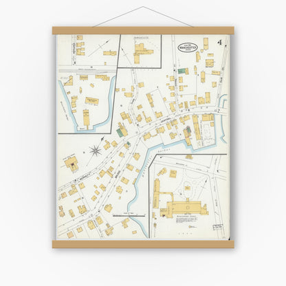 Old map wall art mockup — magnetic wood frame on white wall — Sanborn Fire Insurance Map from Manchester, Essex County, Massachusetts (1904), Sheet #0004