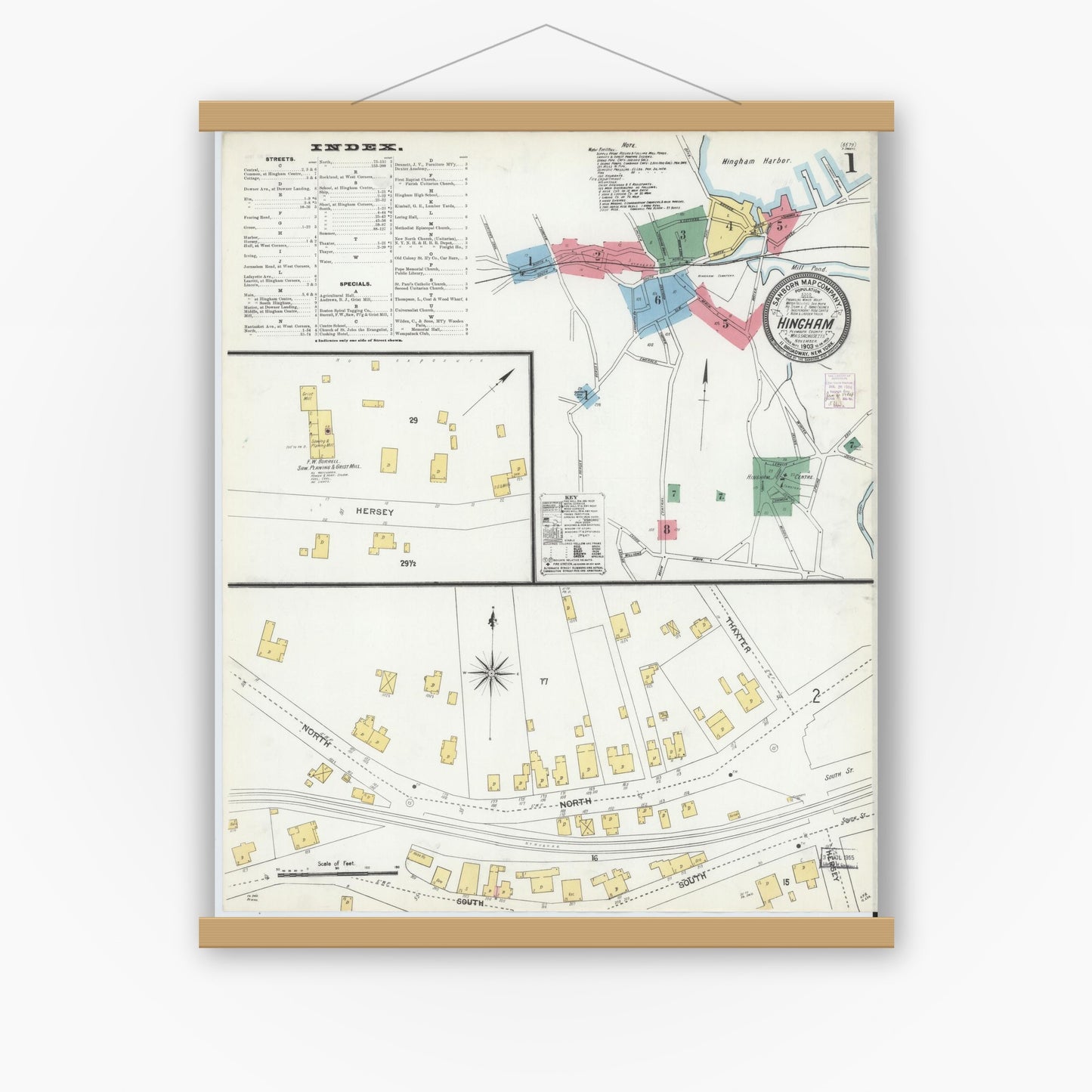 Old map wall art mockup — magnetic wood frame on white wall — Sanborn Fire Insurance Map from Hingham, Plymouth County, Massachusetts (1903) - Complete Map Set