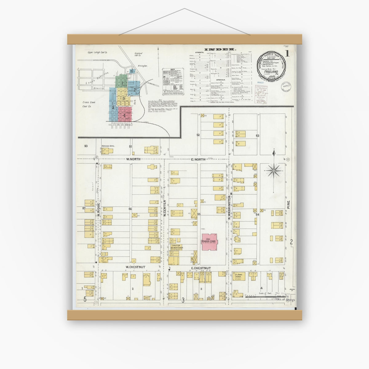 Old map wall art mockup — magnetic wood frame on white wall — Sanborn Fire Insurance Map from Freeland, Luzerne County, Pennsylvania (1900) - Complete Map Set