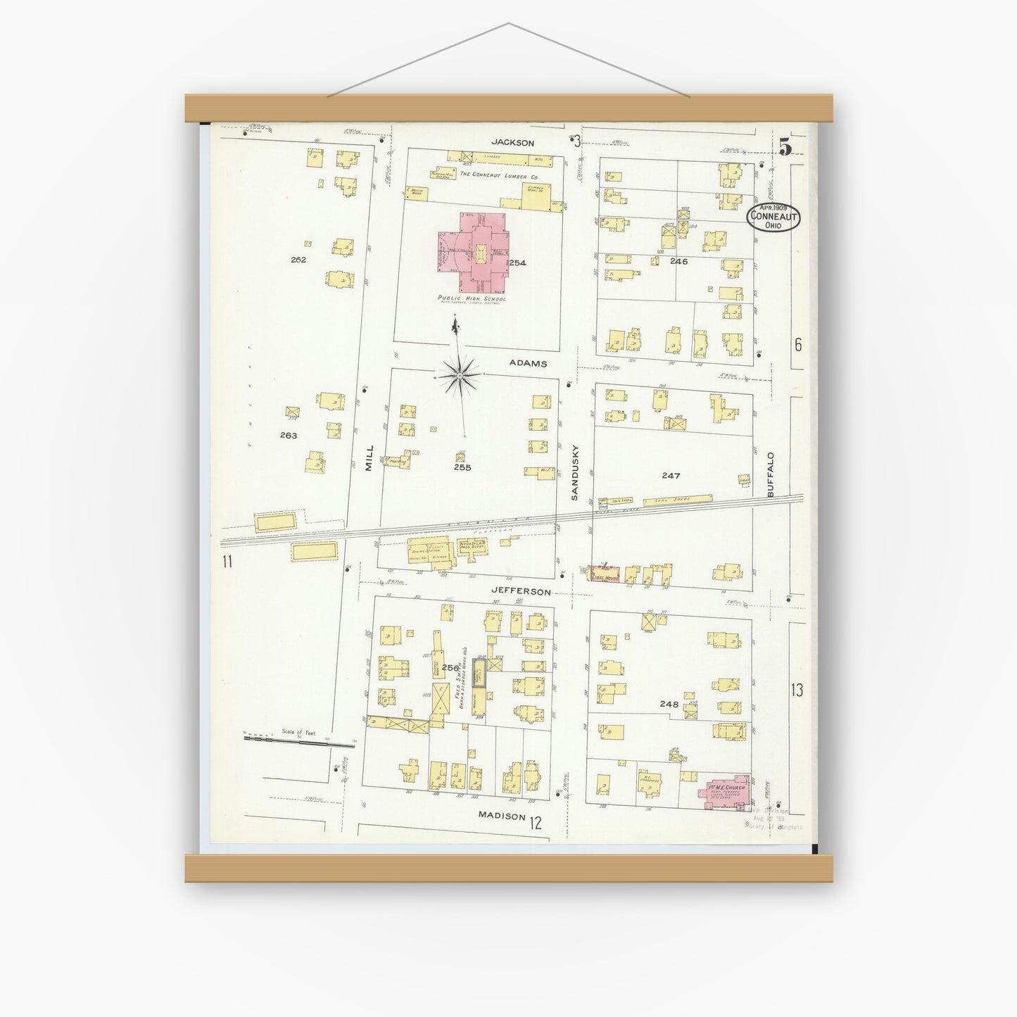 Old map wall art mockup — magnetic wood frame on white wall — Sanborn Fire Insurance Map from Conneaut, Ashtabula County, Ohio (1909), Sheet #0005